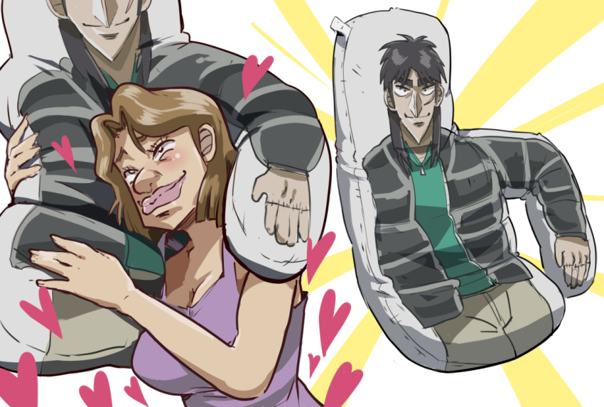 1girl, big_nose, blush, brown_hair, dakimakura_(object), fukumoto_nobuyuki_(style), gonk_(user_fdfd8782), heart, itou_kaiji, kaiji, object_hug, pillow, pillow_hug, pink_lips, purple_shirt, sakazaki_mikoko, shirt, simple_background, solo, thick_eyebrows, white_background