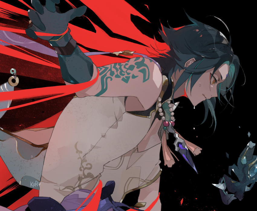 1boy, arm_tattoo, bangs, bare_shoulders, bead_necklace, beads, black_background, black_hair