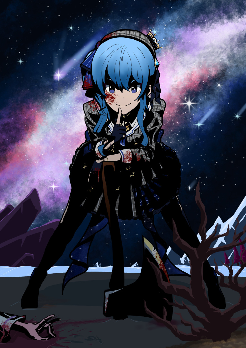 2girls, absurdres, axe, beret, black_gloves, black_legwear, blood, blood_on_face