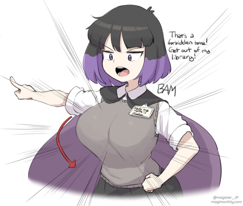 1girl, angry, arrow_(symbol), bangs, black_hair, breasts, bursting_breasts, cape