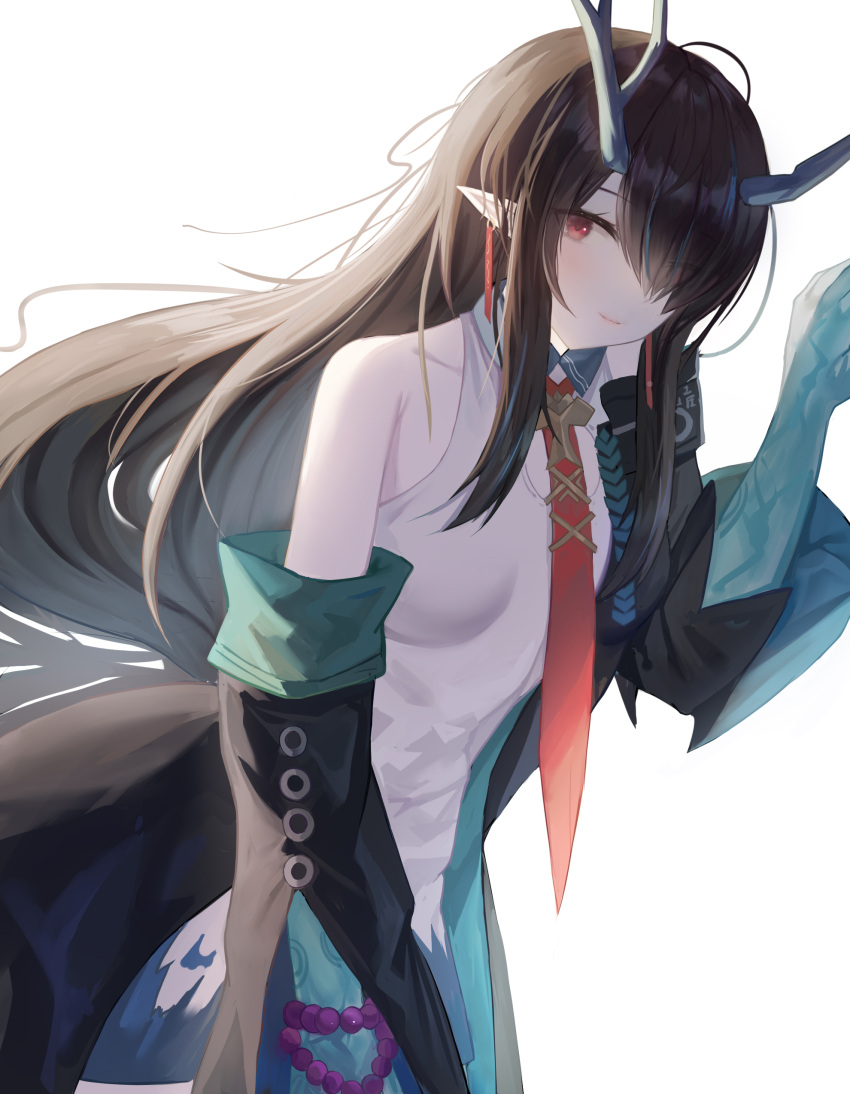 1girl, absurdres, arknights, bangs, bare_shoulders, black_coat, black_hair, coat