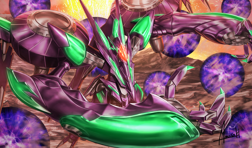 amasaki_yusuke, artist_name, glowing, highres, looking_down, mark_nicht, mecha, no_humans