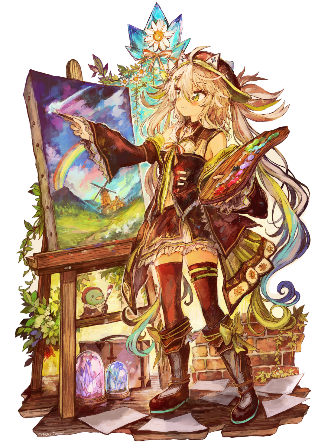 1girl, ahoge, artist_name, bangs, beret, bird, blue_hair, blush