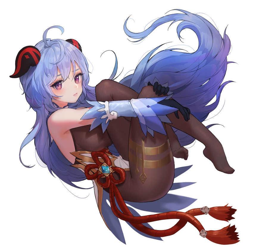 1girl, absurdres, ahoge, bangs, bare_shoulders, bell, black_gloves, black_legwear, blue_hair, blush, bodysuit, breasts, detached_sleeves, ganyu_(genshin_impact), genshin_impact, gloves, goat_horns, highres, horns, kkamangbeleukkamang, large_breasts, leg_hug, lips, long_hair, long_sleeves, looking_at_viewer, simple_background, solo, violet_eyes, white_background