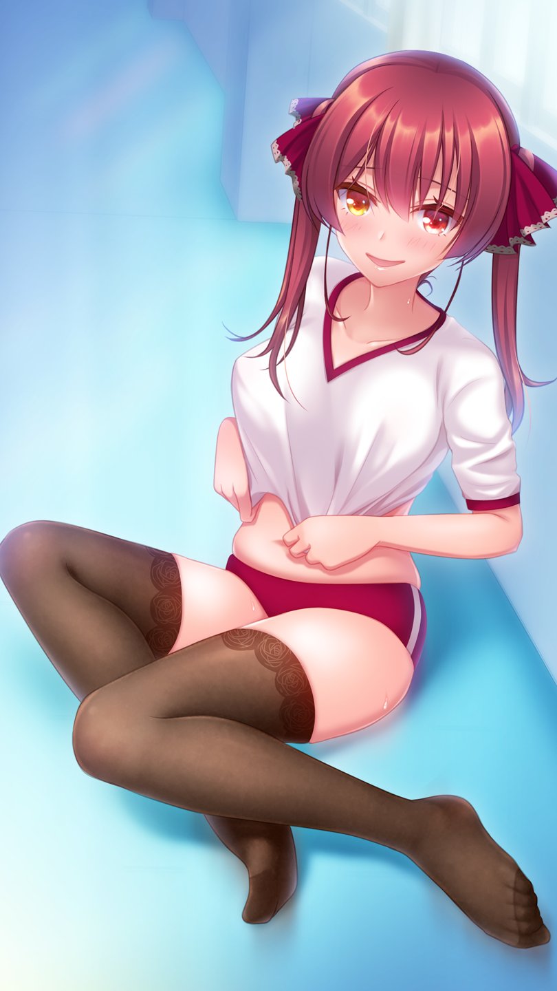 1girl, blush, breasts, buruma, gym_uniform, hair_ribbon, hallway, highres