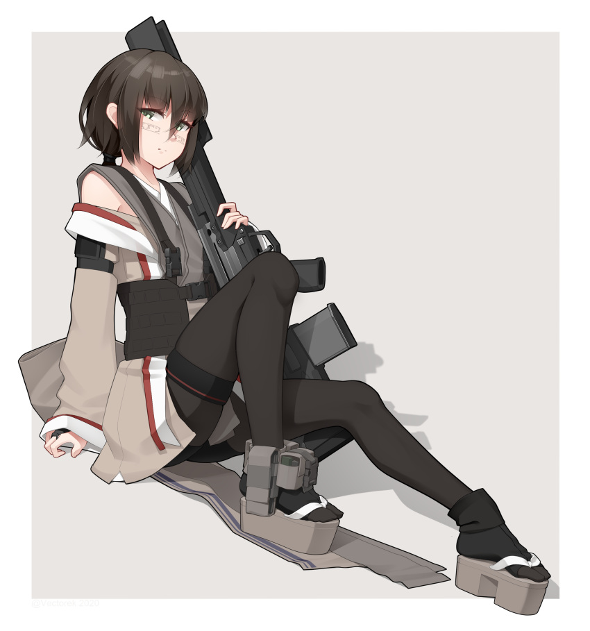 1girl, absurdres, bangs, black_bow, black_legwear, border, bow, brown_hair