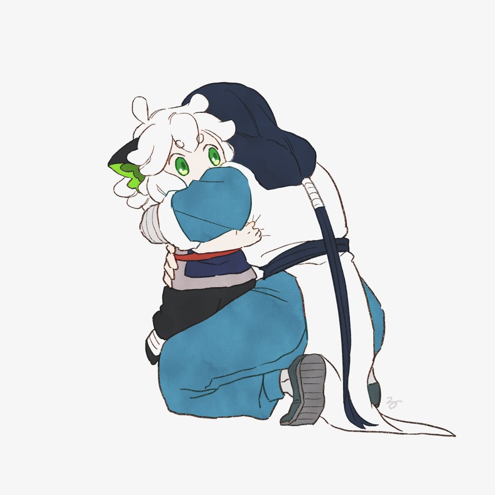 2boys, age_difference, animal_ears, black_hair, cat_boy, cat_ears, child, covered_mouth, green_eyes, hug, long_hair, luoxiaohei, multiple_boys, rumae_lxh, shoes, short_hair, short_sleeves, the_legend_of_luo_xiaohei, very_long_hair, white_hair, wuxian_(the_legend_of_luoxiaohei)