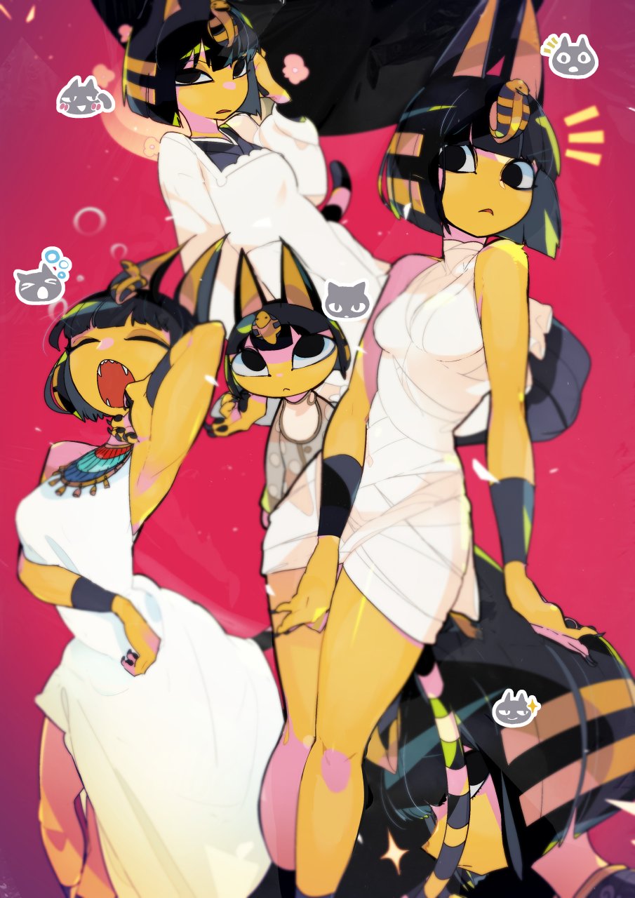 1girl, animal_crossing, animal_ears, ankha_(animal_crossing), bangs, bib, black_eyes, black_hair