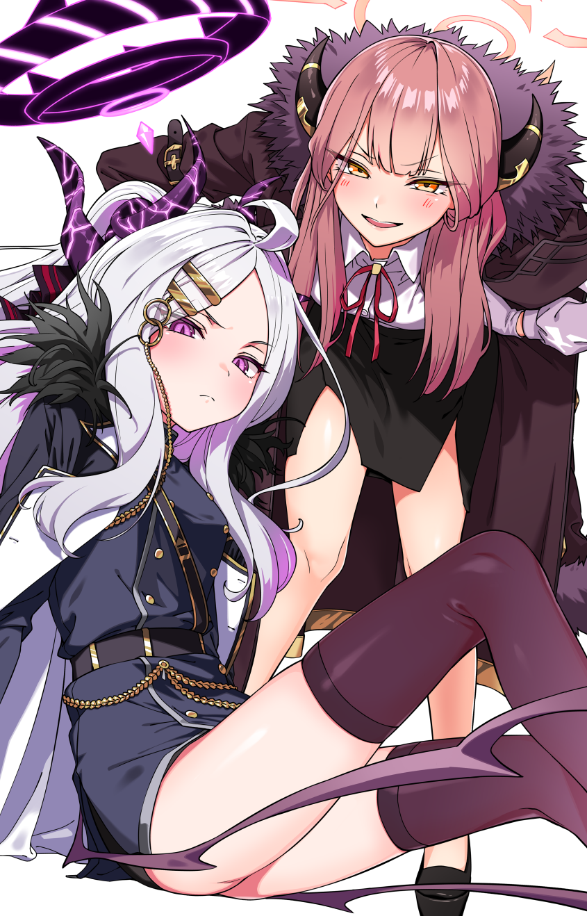 2girls, ahoge, aru_(blue_archive), ass, bangs, bare_legs, belt, black_coat