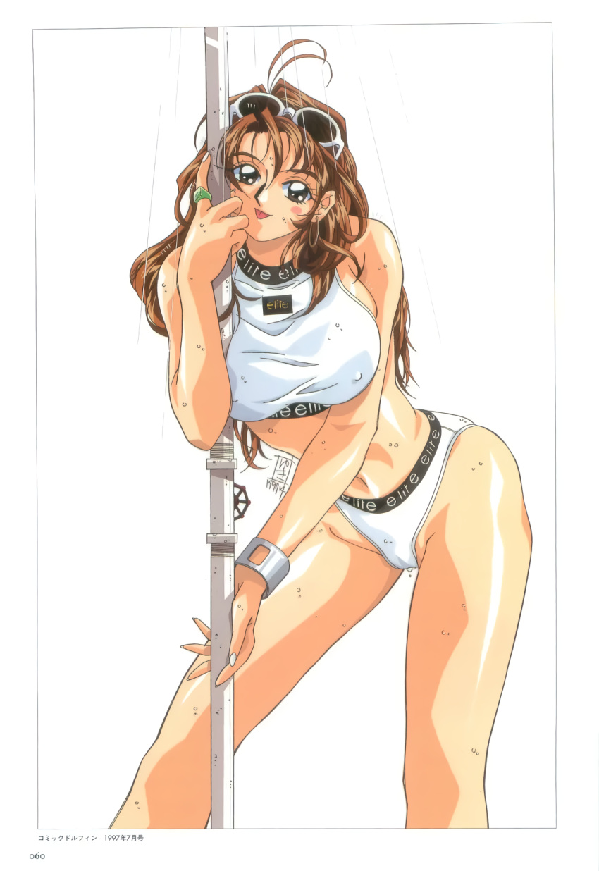 1990s_(style), 1girl, antenna_hair, black_eyes, border, bracelet, brown_hair, clothes_writing