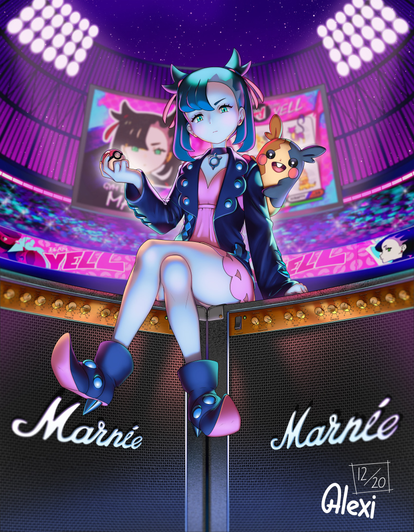 1girl, absurdres, alexi_ansell, amplifier_(instrument), aqua_eyes, black_choker, black_footwear, black_jacket, character_name, choker, crossed_legs, dated, dress, gen_8_pokemon, highres, holding, holding_poke_ball, jacket, long_sleeves, looking_at_viewer, marnie_(pokemon), morpeko, morpeko_(full), pink_dress, poke_ball, pokemon, pokemon_(game), pokemon_swsh, shoes, signature, sitting, solo, wide_shot