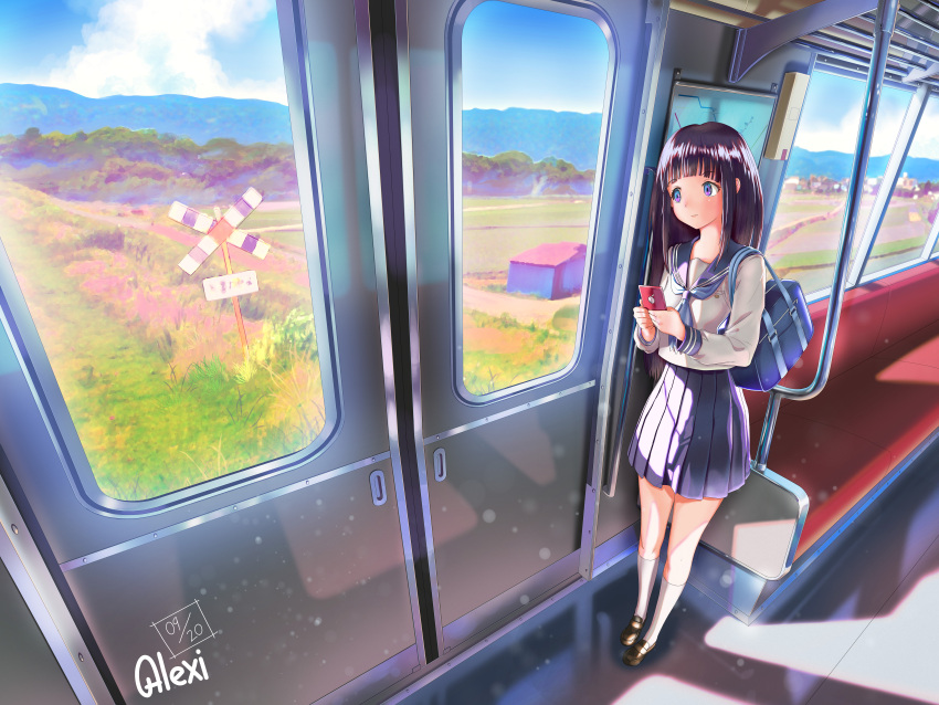 1girl, absurdres, alexi_ansell, bag, bangs, black_footwear, black_hair, black_sailor_collar