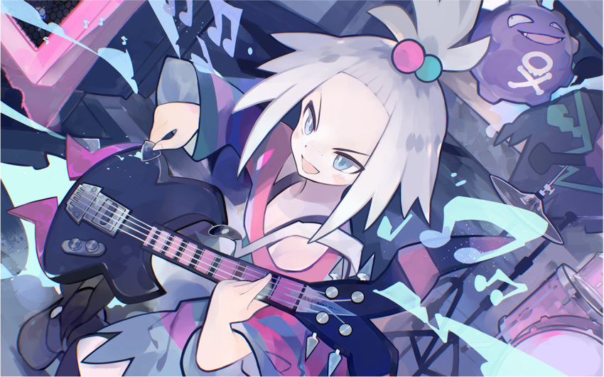 1girl, ab-ten, bass_guitar, blue_eyes, blush, boots, cymbals, dress, drum, forehead, freckles, gen_1_pokemon, gym_leader, hair_bobbles, hair_ornament, instrument, koffing, lightning_background, music, musical_note, plectrum, pokemon, pokemon_(game), pokemon_bw2, roxie_(pokemon), singing, solo, stage, stereo, strapless, strapless_dress, striped, striped_dress, topknot, white_hair