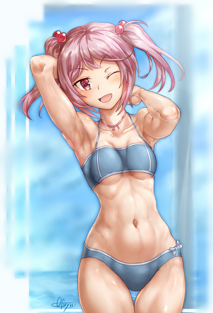 1girl, abs, arms_behind_head, bikini, blue_bikini, breasts, collarbone, commentary_request, cowboy_shot, hair_bobbles, hair_ornament, kantai_collection, looking_at_viewer, navel, one_eye_closed, pink_eyes, pink_hair, sazanami_(kancolle), short_hair, small_breasts, solo, swimsuit, thigh_gap, twintails, uranoko, water