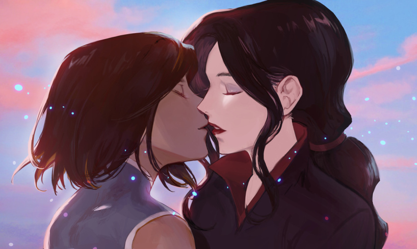 2girls, asami_sato, avatar_legends, black_hair, brown_hair, closed_eyes, eyeshadow, h_nut, imminent_kiss, korra, lipstick, low_ponytail, makeup, multiple_girls, parted_lips, ponytail, red_lips, short_hair, sleeveless, the_legend_of_korra, upper_body, yuri