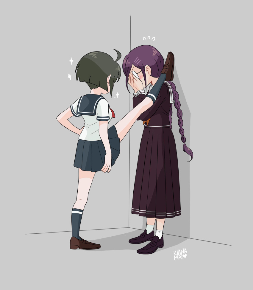 2girls, absurdres, against_wall, braid, covering_face, dangan_ronpa_(series), dangan_ronpa_another_episode:_ultra_despair_girls, embarrassed