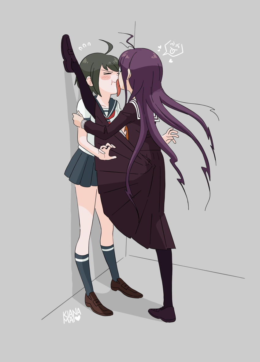 >_<, 2girls, absurdres, against_wall, blush_stickers, dangan_ronpa_(series), dangan_ronpa_another_episode:_ultra_despair_girls, face_licking