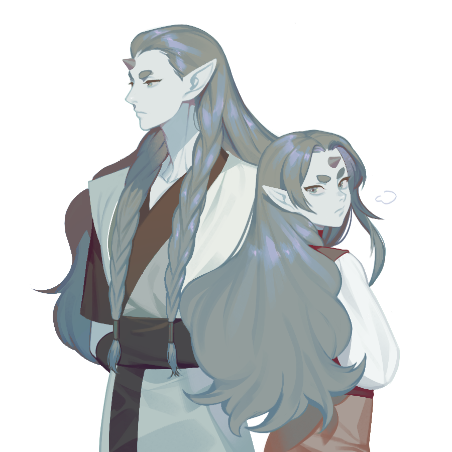 2boys, age_progression, aqua_hair, aqua_skin, arms_behind_back, braid, diting_(the_legend_of_luoxiaohei), horns