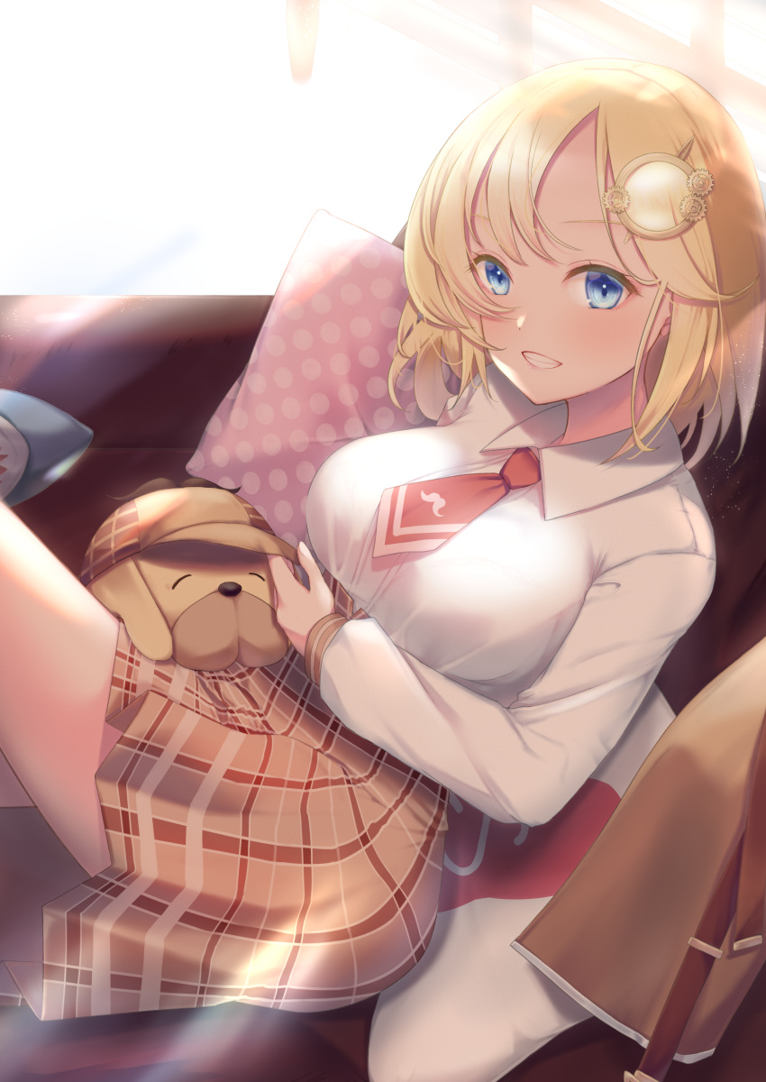 1girl, :d, absurdres, arm_under_breasts, bangs, blonde_hair, blue_eyes, bralines