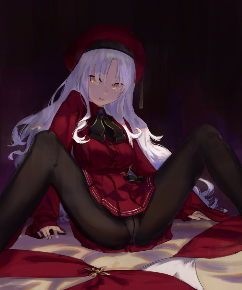 1girl, bangs, beret, black_legwear, breasts, brooch, caren_hortensia, dress