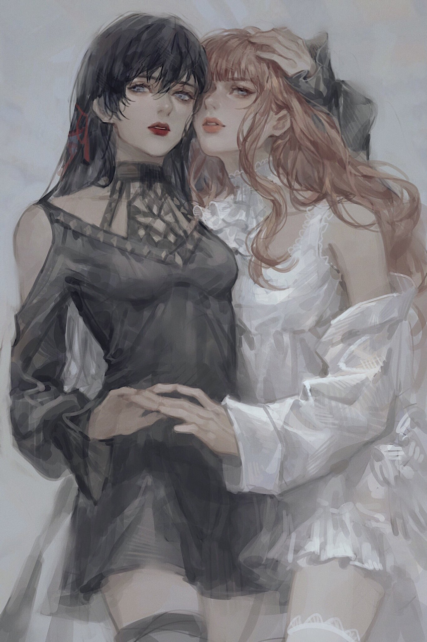 2girls, black_dress, black_hair, brown_hair, dress, final_fantasy, final_fantasy_xiv, finger_touching, gaia_(ff14), grey_background, hair_ribbon, hand_on_another's_head, highres, lipstick, long_hair, looking_at_viewer, makeup, multiple_girls, parted_lips, red_lips, ribbon, ryne, sukiri, thigh-highs, white_dress