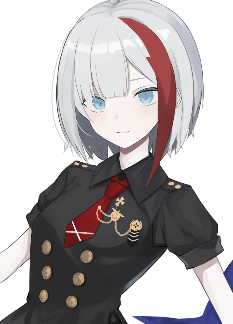 1girl, a_iri_a, admiral_graf_spee_(azur_lane), admiral_graf_spee_(maiden's_sunday)_(azur_lane), azur_lane, black_shirt, blue_eyes, blush, closed_mouth, collared_shirt, eyebrows_visible_through_hair, looking_at_viewer, medium_hair, multicolored_hair, necktie, pale_skin, red_neckwear, shirt, sidelocks, silver_hair, sleeves, smile, solo_focus, streaked_hair, white_background