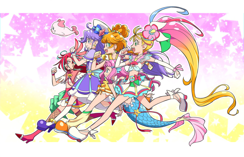5girls, :d, ahoge, aqua_eyelashes, aqua_hair, bare_shoulders, blonde_hair, blue_eyes