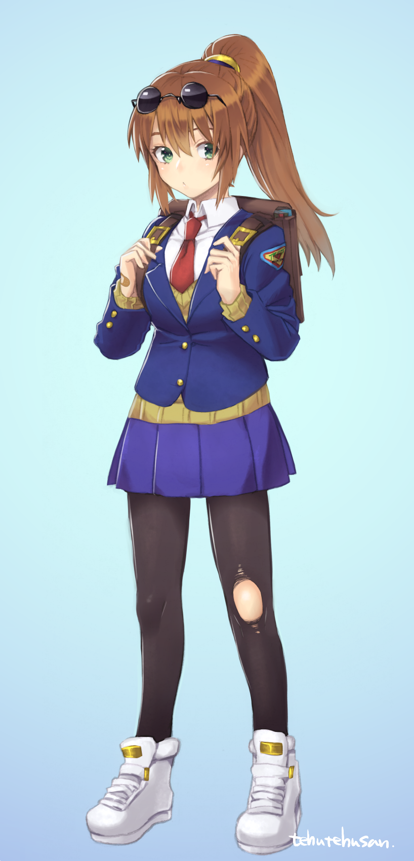 1girl, breasts, brown_hair, eyewear_on_head, green_eyes, highres, long_hair, looking_at_viewer, murata_tefu, pantyhose, ponytail, precis_neumann, shoes, simple_background, skirt, sneakers, solo, star_ocean, star_ocean_anamnesis, star_ocean_the_second_story, torn_clothes