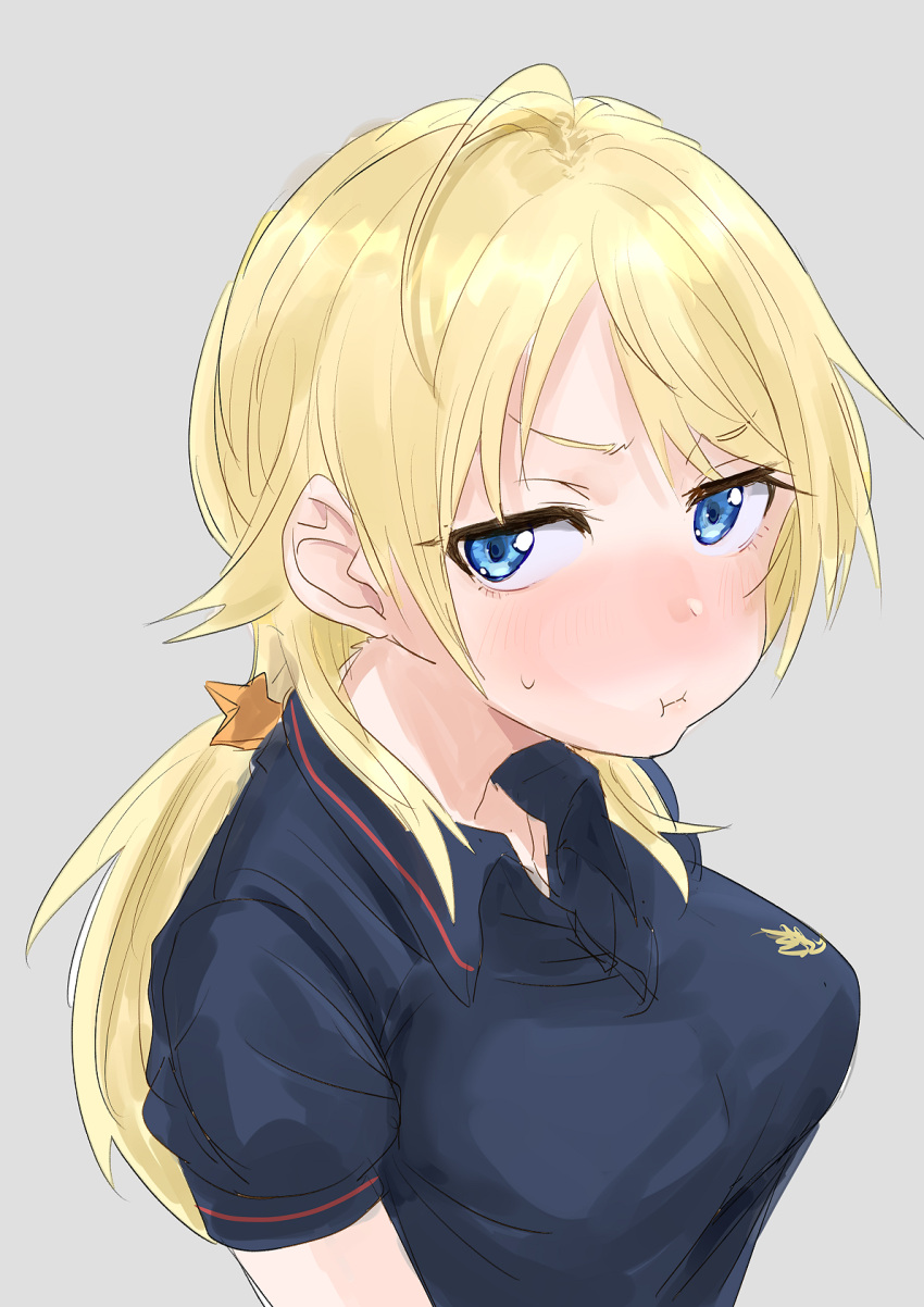 1girl, blonde_hair, blue_eyes, blue_shirt, blush, grey_background, hachimiya_meguru, hair_ornament, highres, idolmaster, idolmaster_shiny_colors, looking_at_viewer, ogasawara, pout, shirt, sweatdrop