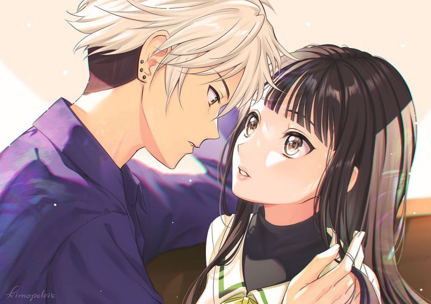 1boy, 1girl, artist_name, bangs, black_hair, brown_eyes, brown_hair, couple