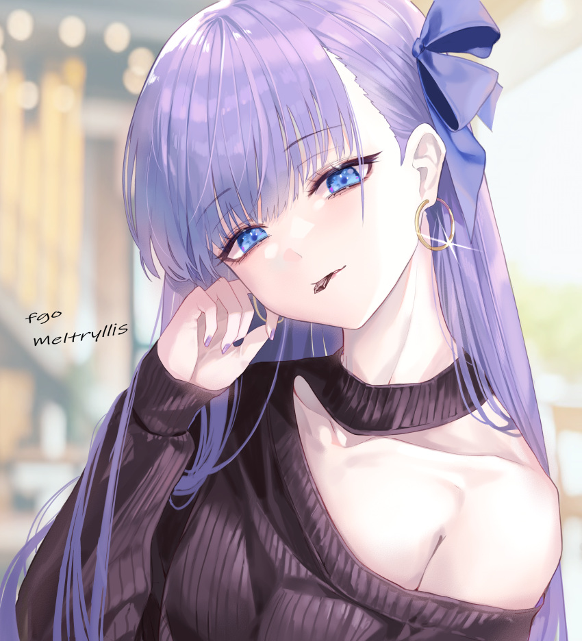1girl, absurdres, bangs, bare_shoulders, black_sweater, blue_eyes, blue_ribbon, blush