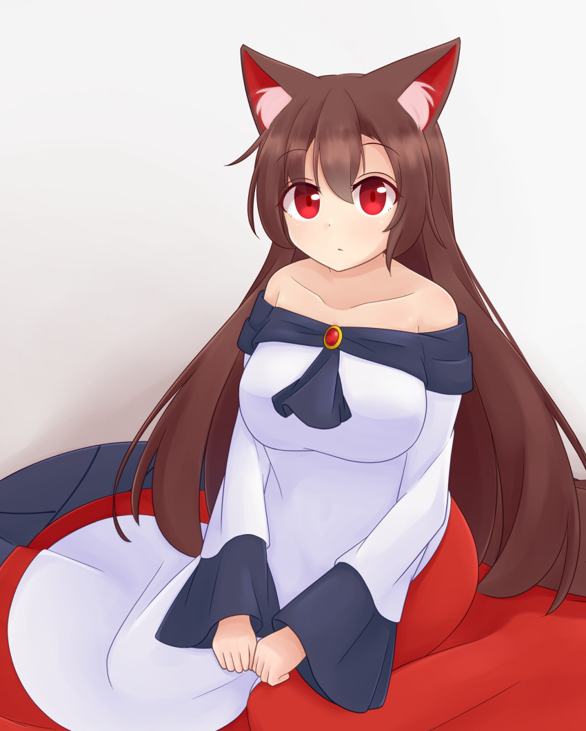 1girl, animal_ear_fluff, animal_ears, bare_shoulders, breasts, brooch, brown_hair, collarbone