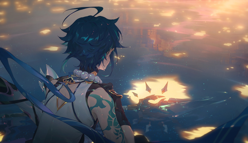 1boy, ahoge, arm_guards, arm_tattoo, bare_shoulders, bead_necklace, beads, black_gloves