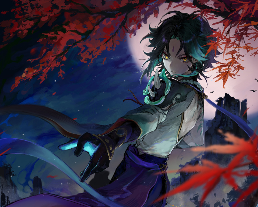 1boy, arm_guards, arm_tattoo, bangs, bead_necklace, beads, black_gloves, black_hair, closed_mouth, detached_sleeves, facial_mark, forehead_mark, from_side, genshin_impact, gloves, green_hair, highres, jewelry, leaf, lktt, long_hair, male_focus, moon, multicolored_hair, necklace, night, night_sky, outdoors, parted_bangs, shoulder_pads, shoulder_spikes, sky, slit_pupils, solo, spikes, star_(sky), tattoo, tree_branch, xiao_(genshin_impact), yellow_eyes