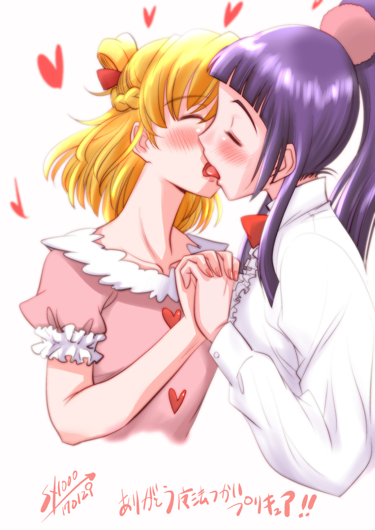 2girls, asahina_mirai, blonde_hair, breasts, closed_eyes, floating_heart, french_kiss, heart