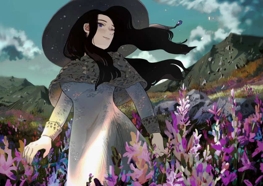 1girl, black_hair, blue_eyes, blue_sky, capelet, day, dress, flower