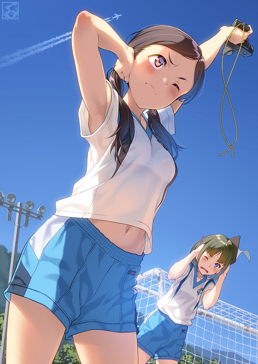 2girls, ;(, armpits, arms_up, artist_logo, artist_name, blue_shorts, blue_sky