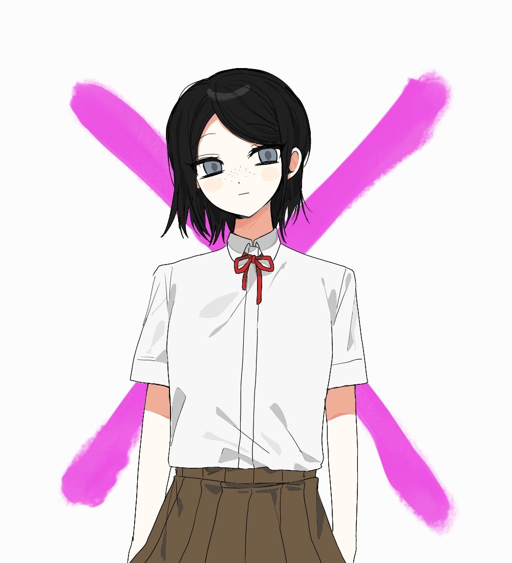 1girl, 3tn_63, arms_at_sides, bangs, black_hair, blue_eyes, blush_stickers, brown_skirt, collared_shirt, cowboy_shot, cross, dangan_ronpa:_trigger_happy_havoc, dangan_ronpa_(series), freckles, grey_eyes, ikusaba_mukuro, looking_at_viewer, neck_ribbon, pleated_skirt, red_ribbon, ribbon, shiny, shiny_hair, shirt, shirt_tucked_in, short_hair, short_sleeves, skirt, solo, white_shirt