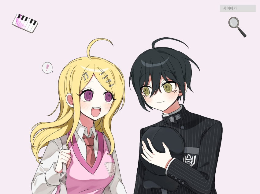 !, 1boy, 1girl, 3tn_63, :d, ahoge, akamatsu_kaede, bangs