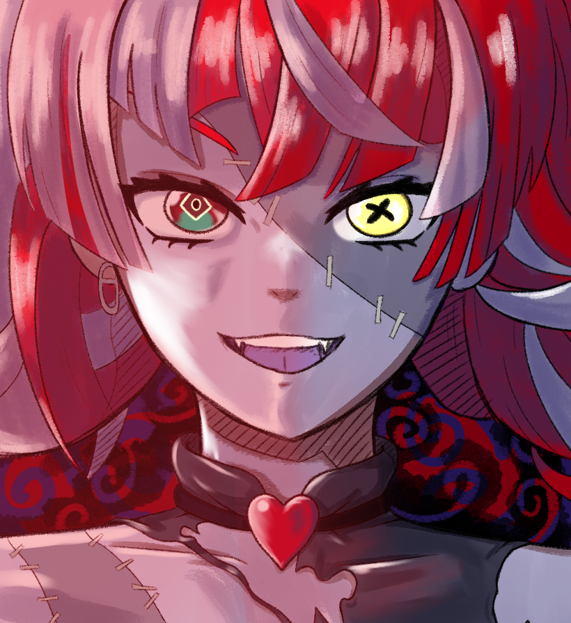 1girl, amaterasu_(amaterasu1), bangs, black_dress, choker, close-up, colored_skin, double_bun