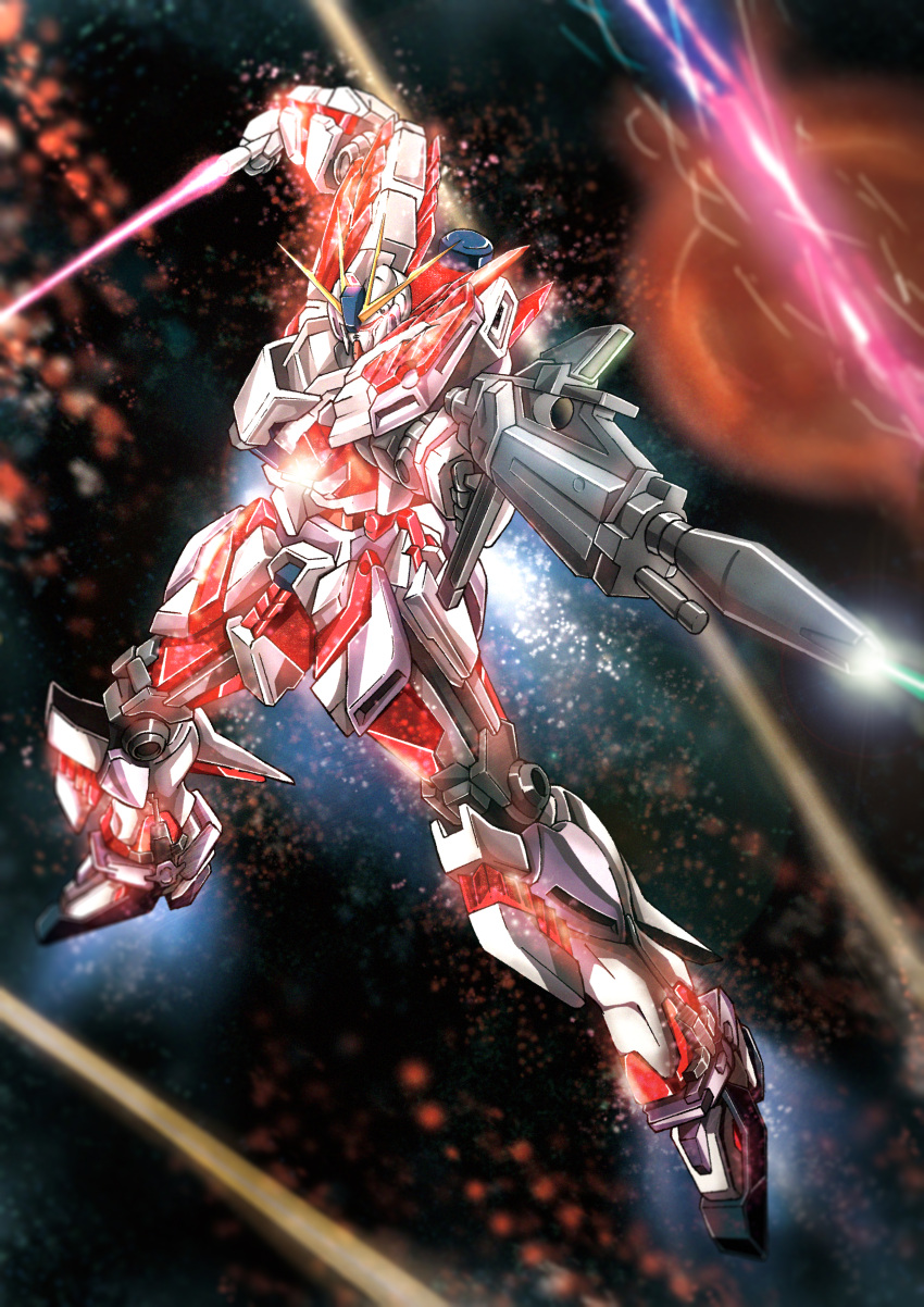 absurdres, aiming, beam_rifle, beam_saber, energy_gun, floating, glowing, gun