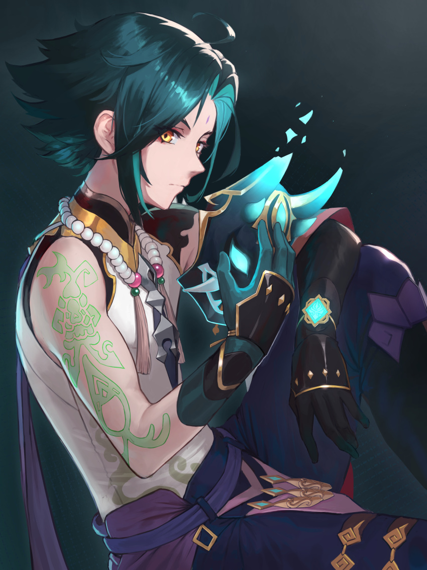 1boy, absurdres, ahoge, alaskastomatoez, arm_guards, arm_tattoo, bangs, bare_shoulders