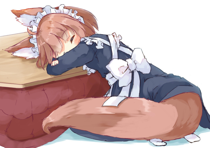 1girl, absurdres, animal_ear_fluff, brown_hair, full_body, highres, kotatsu, maid