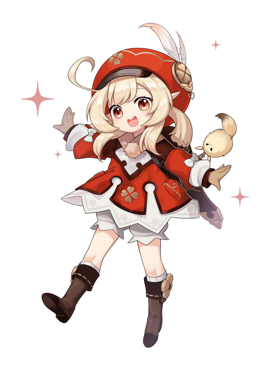 1girl, :d, absurdres, ahoge, bangs, black_footwear, blonde_hair, boots, brown_gloves, dress, full_body, genshin_impact, gloves, hat, hat_feather, hat_ornament, highres, kbn317, klee_(genshin_impact), long_hair, long_sleeves, open_mouth, pointy_ears, red_dress, red_eyes, red_headwear, short_twintails, simple_background, smile, solo, standing, twintails, white_background