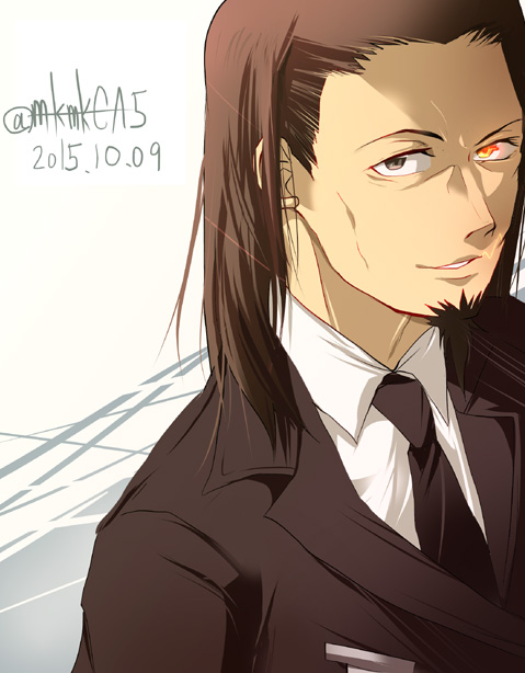 1boy, black_neckwear, brown_eyes, collared_shirt, dated, formal, glowing, glowing_eye