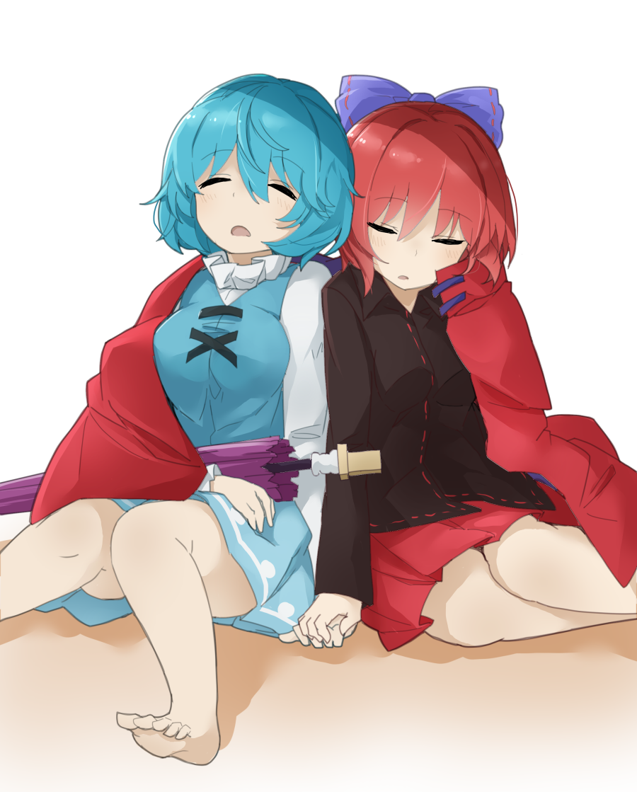 2girls, barefoot, black_shirt, blue_hair, blue_skirt, blue_vest, bow, cape