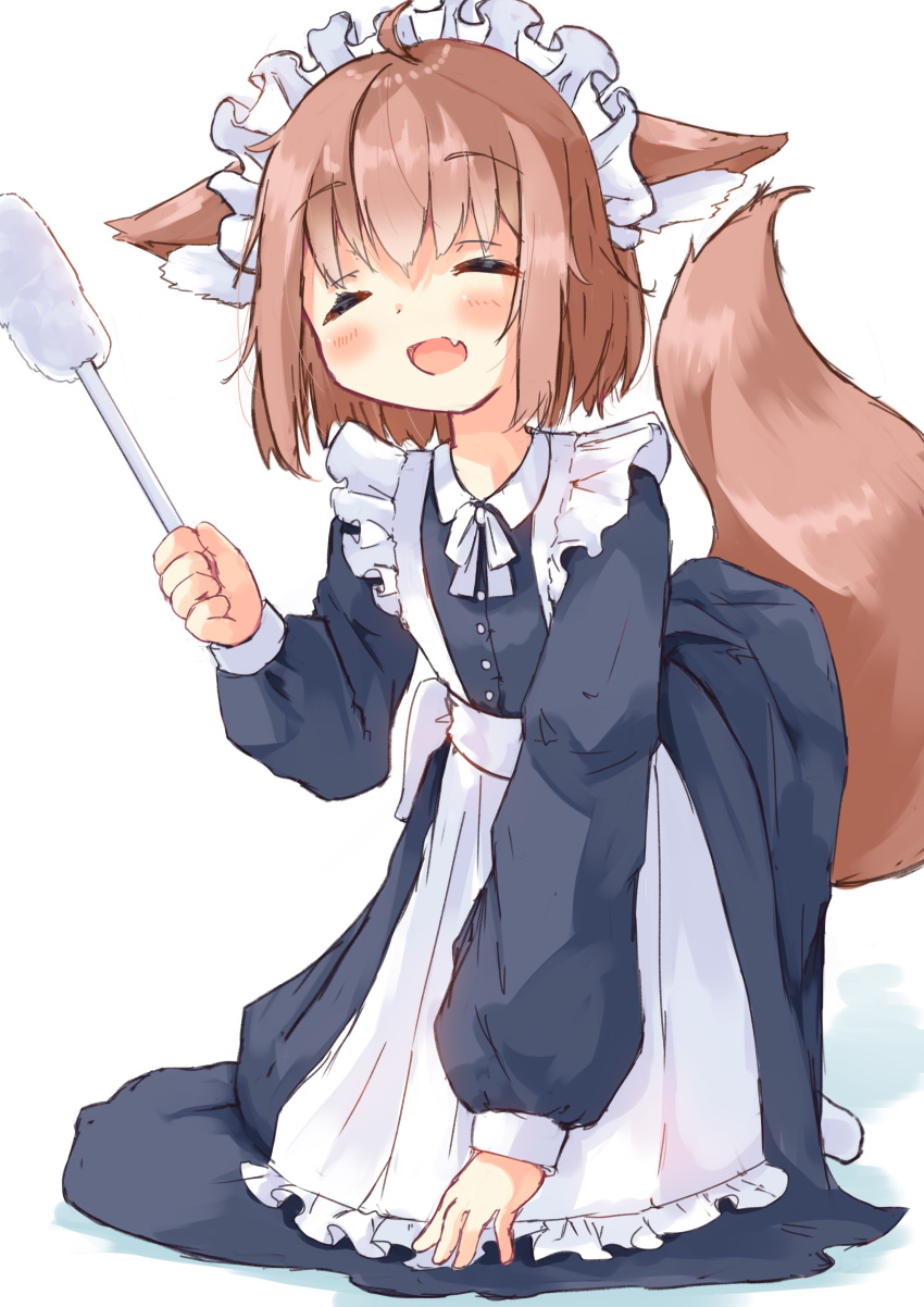 1girl, :d, ^_^, absurdres, animal_ear_fluff, animal_ears, apron, brown_hair
