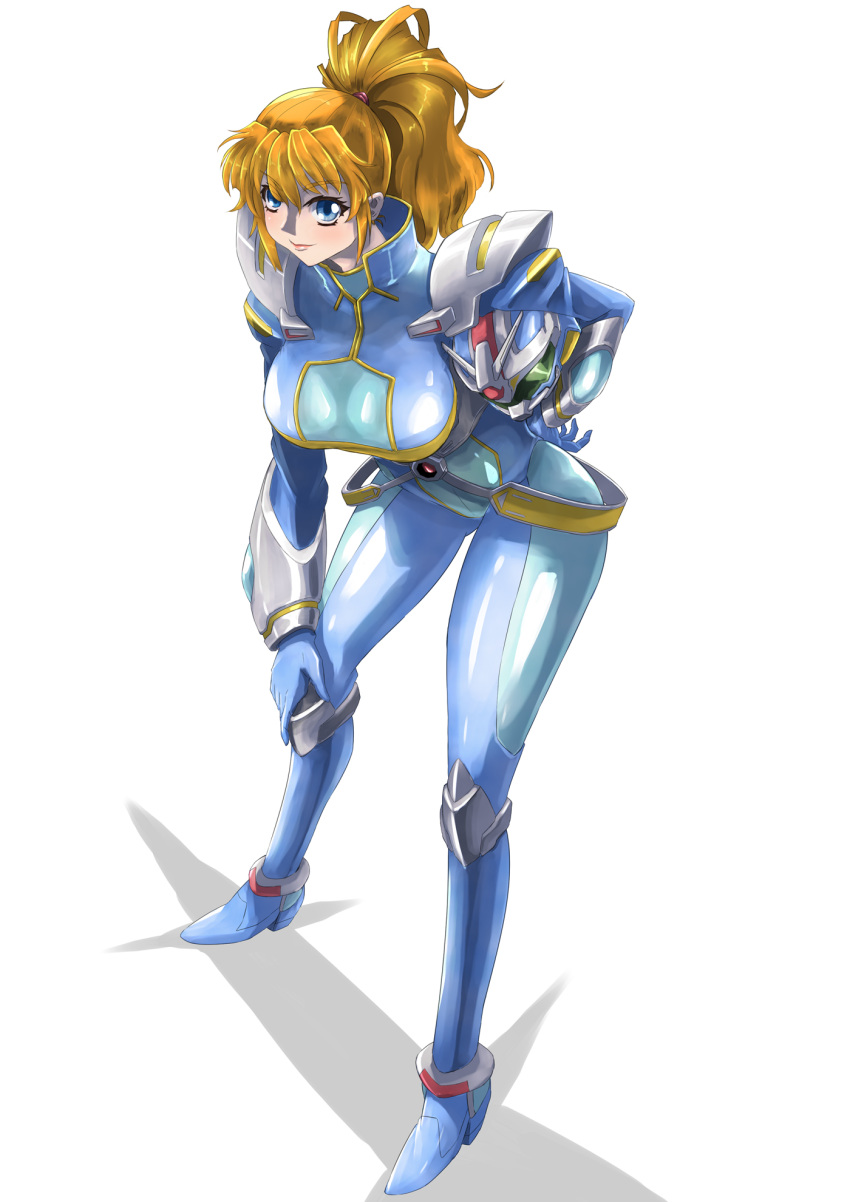 1girl, bangs, blonde_hair, blue_eyes, blush, breasts, excellen_browning, hair_behind_ear, hand_on_own_knee, helmet, highres, holding, holding_helmet, large_breasts, leaning_forward, masakatsu_(xg-70b), pilot_suit, ponytail, smile, solo, super_robot_wars, super_robot_wars_original_generation, tied_hair, v-fin, visor