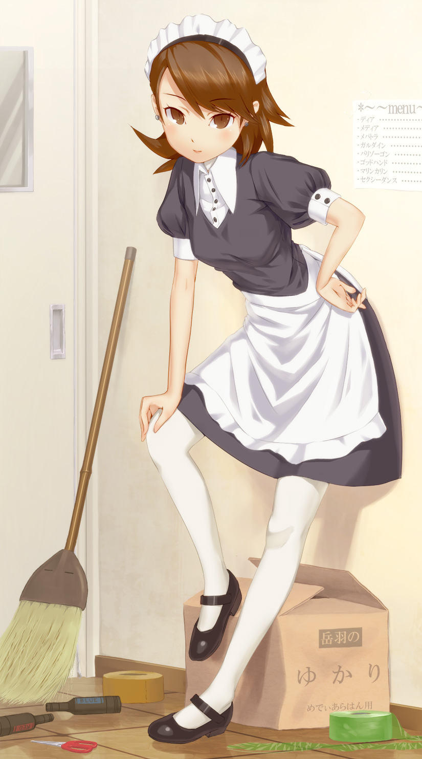 blush, broom, brown_eyes, brown_hair, earrings, hairband, hand_on_hip, highres, jewelry, maid, maid_headdress, mary_janes, pantyhose, persona, persona_3, shoes, short_hair, skirt, smile, solo, sturm, takeba_yukari, thighhighs, tights, white_legwear, white_pantyhose
