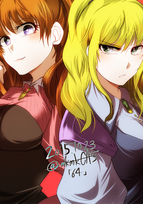 2girls, aisha_ridgemond, artist_name, back-to-back, bangs, blonde_hair, breasts, brown_hair
